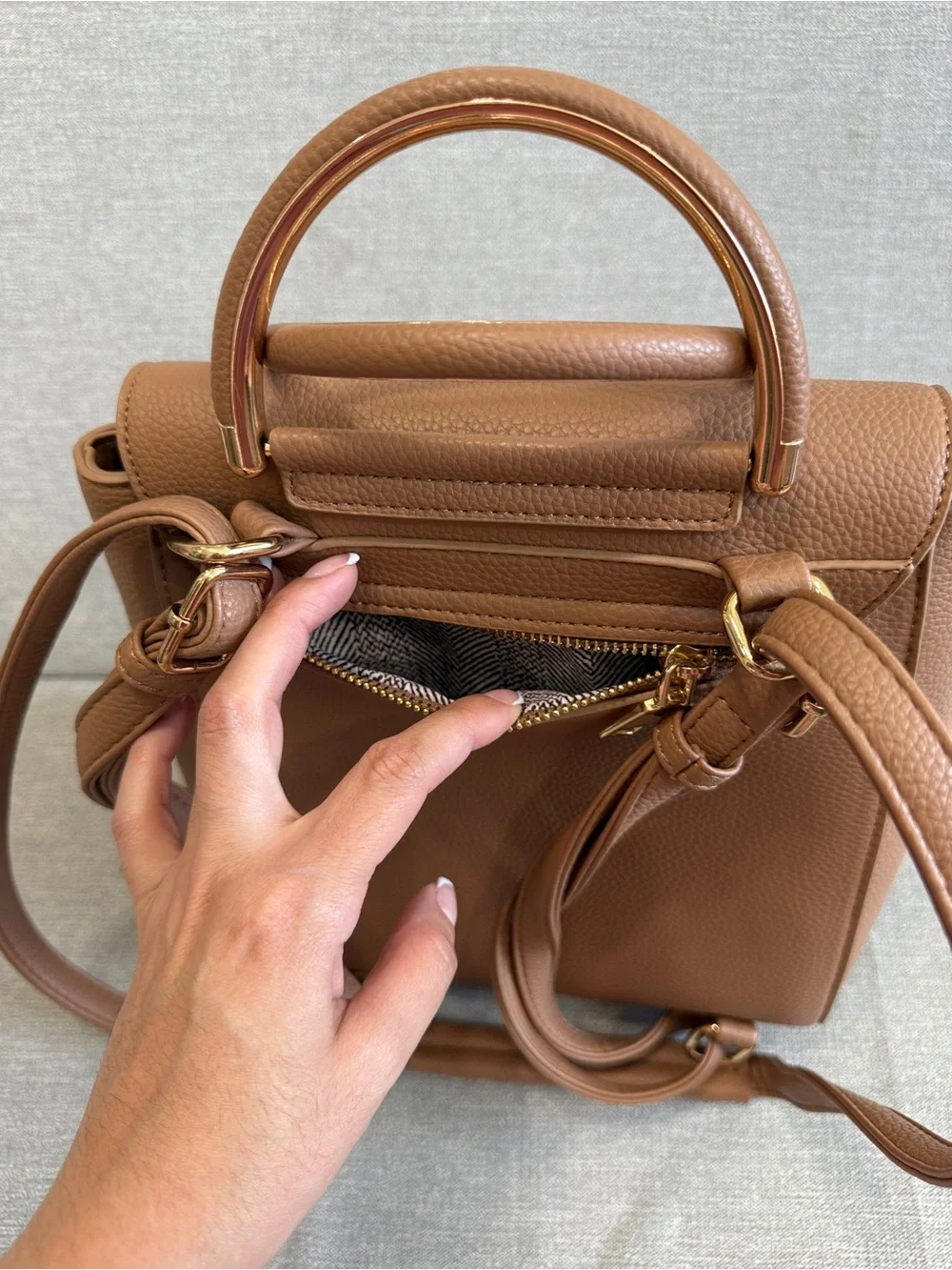 Structured Faux Leather Backpack Crossbody Backpack Handbag in Brown